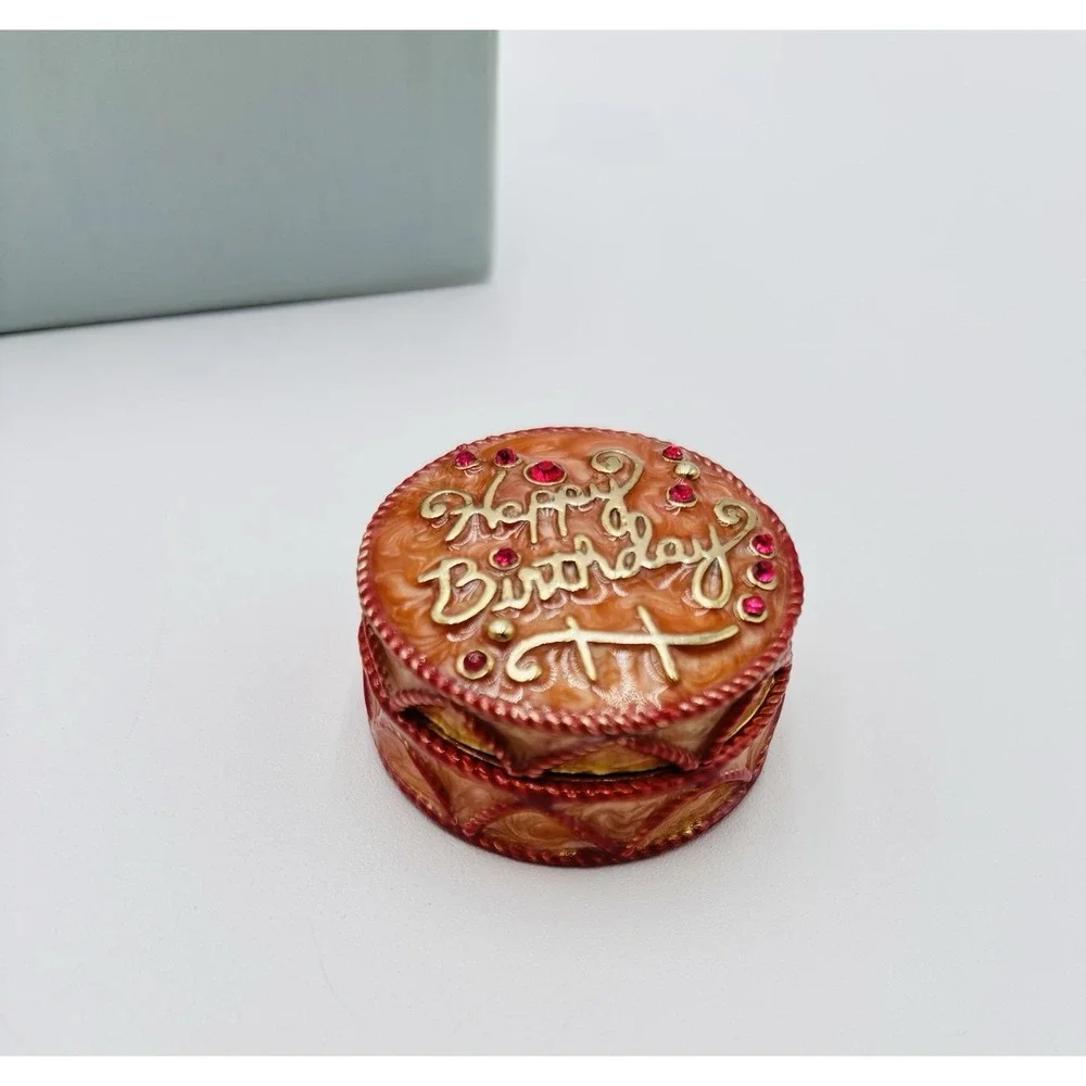 MONET Happy Birthday Cake Trinket Box Enamel Rhinestone Gold Tone w Gift Box